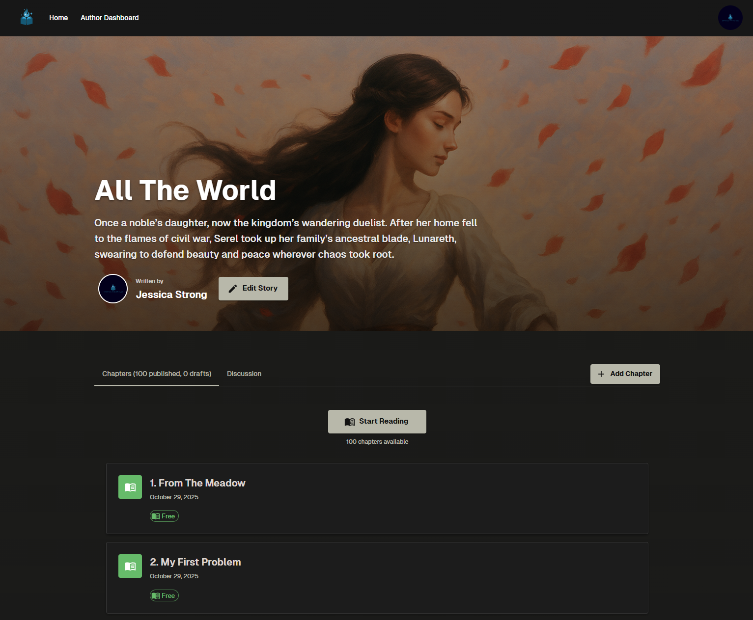 Rich text editor showing chapter writing interface