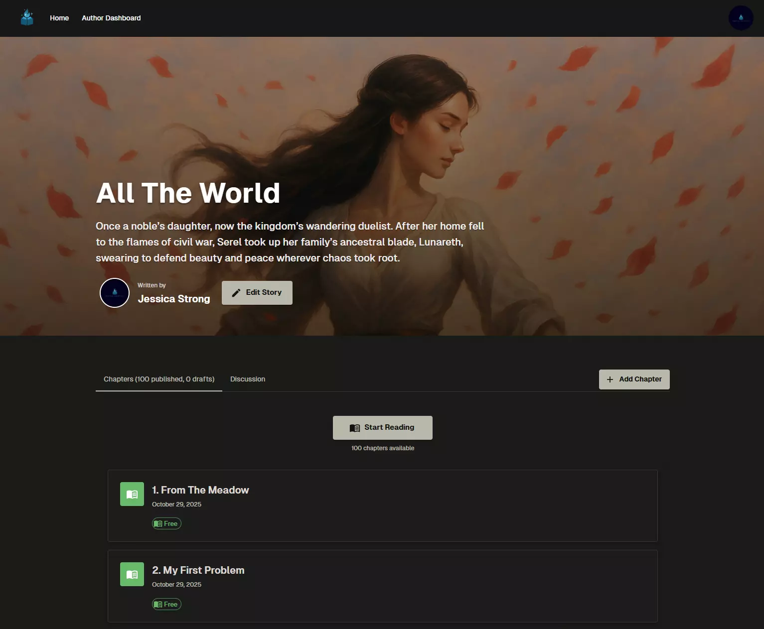 Rich text editor showing chapter writing interface